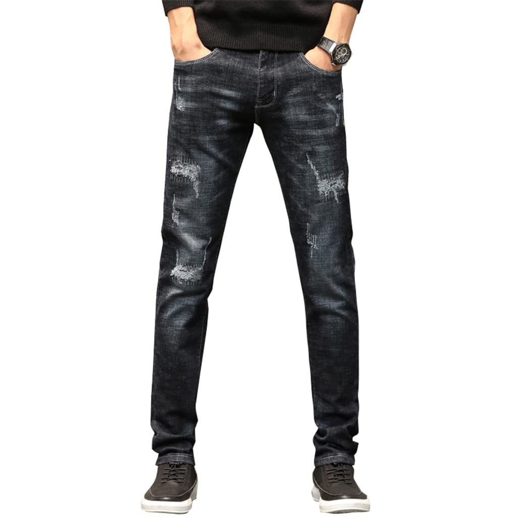 KOILPTW Ripped Jeans for Men Autumn and Winter Slim Straight Black Stretch Casual Pants Hip Hop Distressed Patched