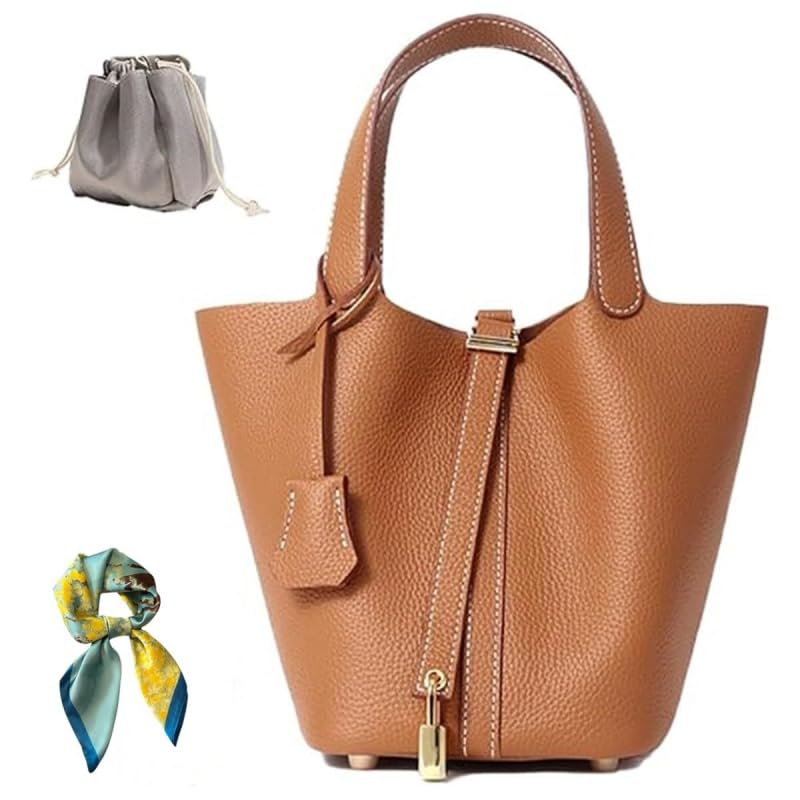 Genuine Leather Bucket Bag for Women: Lock Design Shoulder Handbag Versatile Top-Handle Tote Fashionable Vegetable Basket