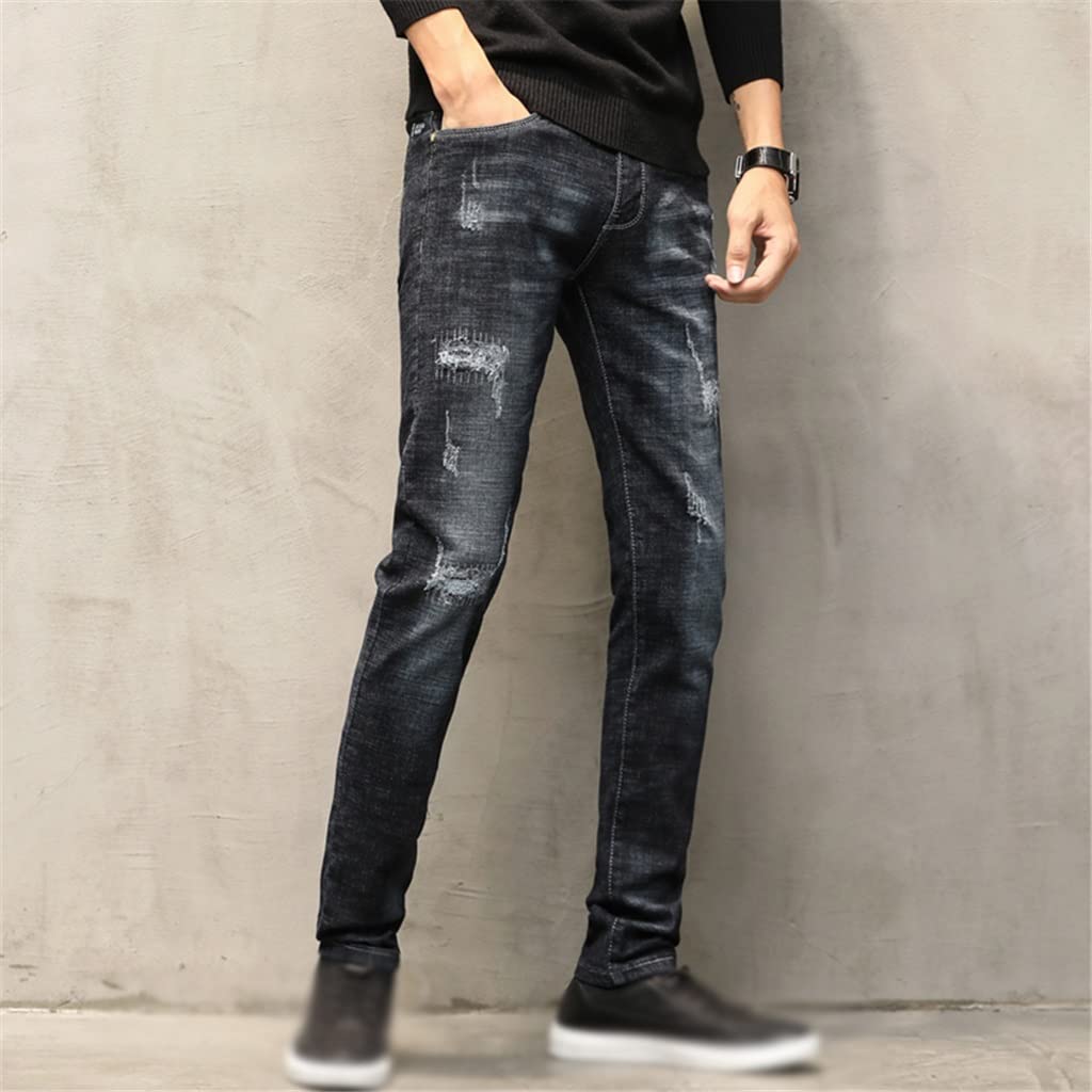 KOILPTW Ripped Jeans for Men Autumn and Winter Slim Straight Black Stretch Casual Pants Hip Hop Distressed Patched