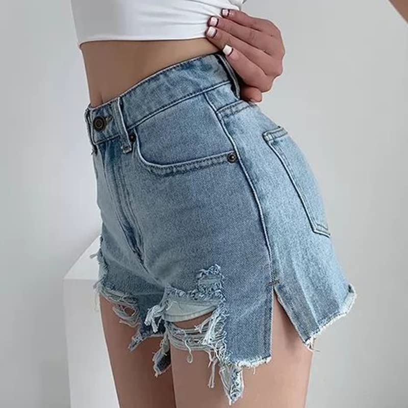 MVUYO Street Women Ripped Loose Denim Shorts High Waist Buckle Vintage Jeans Shorts Bottoms
