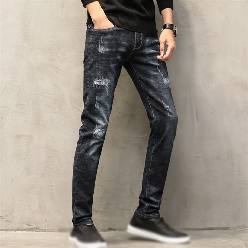 KOILPTW Ripped Jeans for Men Autumn and Winter Slim Straight Black Stretch Casual Pants Hip Hop Distressed Patched