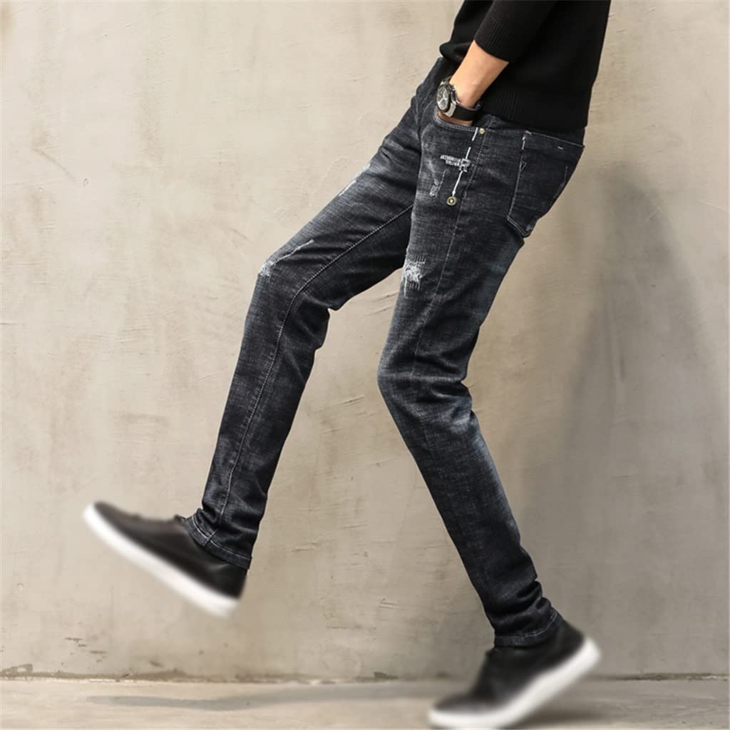 KOILPTW Ripped Jeans for Men Autumn and Winter Slim Straight Black Stretch Casual Pants Hip Hop Distressed Patched