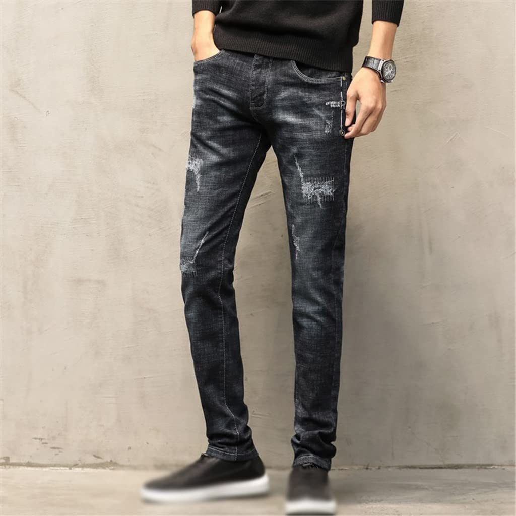 KOILPTW Ripped Jeans for Men Autumn and Winter Slim Straight Black Stretch Casual Pants Hip Hop Distressed Patched