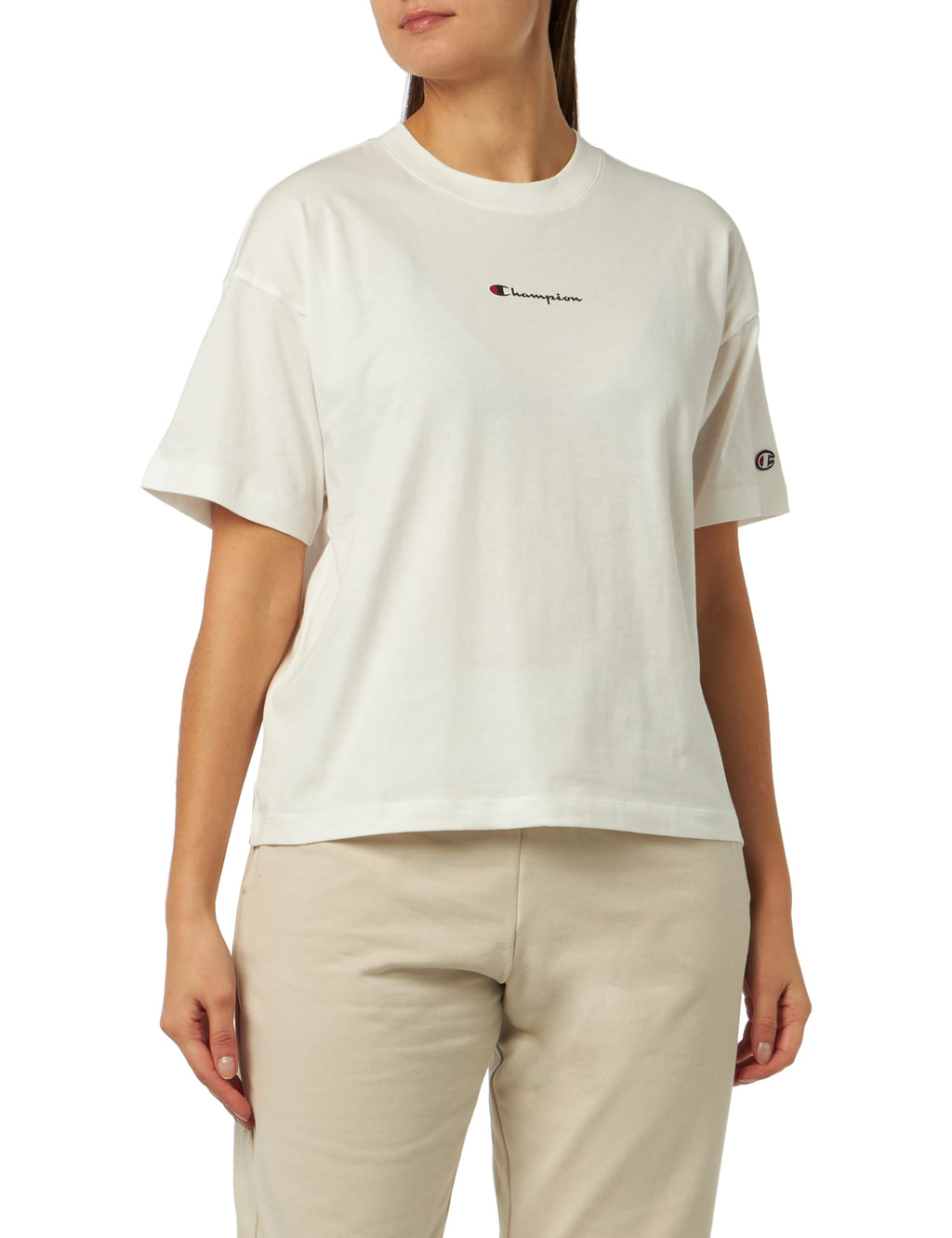 Champion Legacy American Classics W-Script Logo Light Cotton Jersey S-s Boxy Crewneck Women's T-Shirt, Off White, L