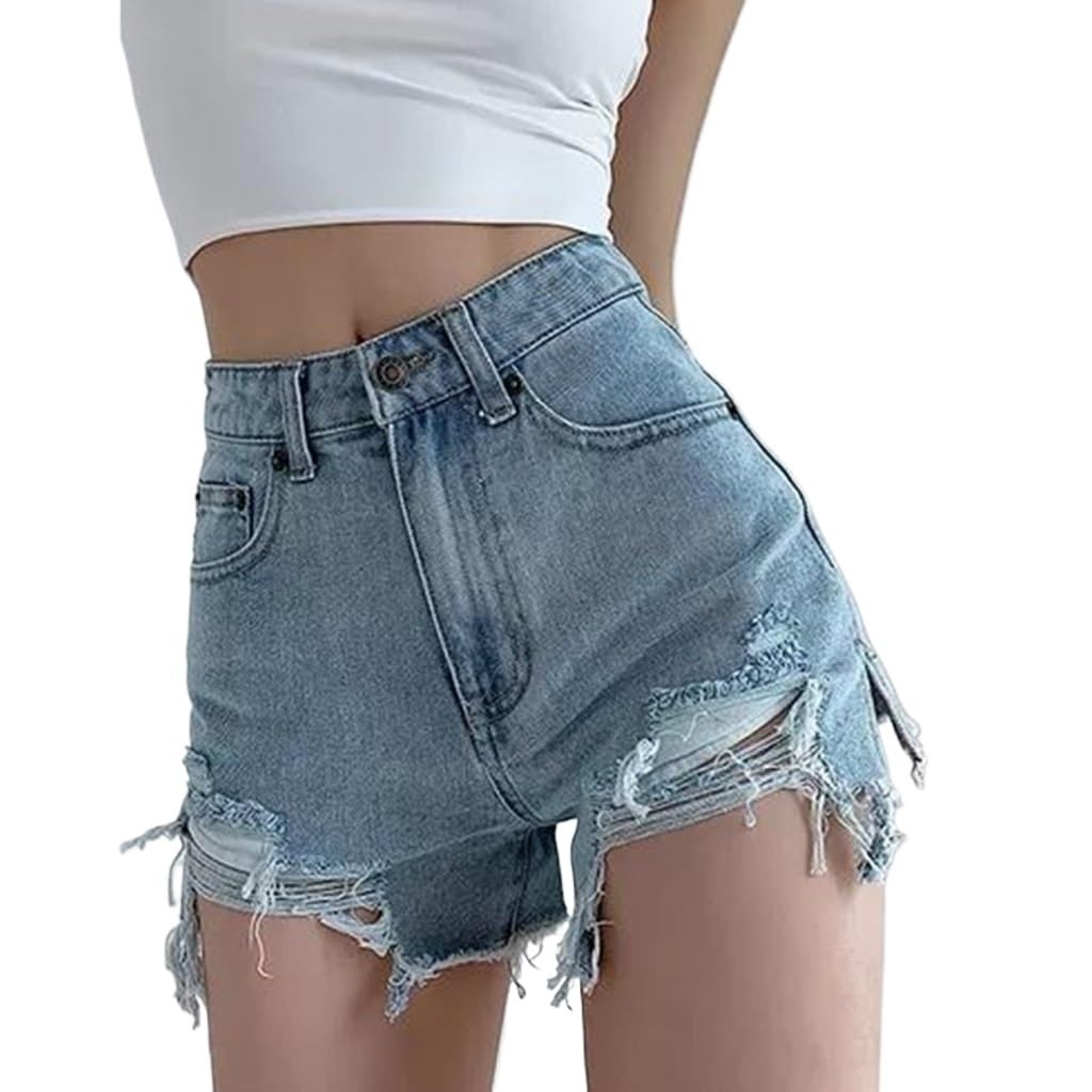 MVUYO Street Women Ripped Loose Denim Shorts High Waist Buckle Vintage Jeans Shorts Bottoms