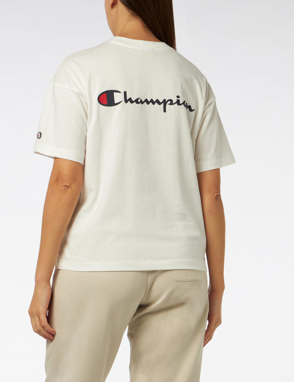 Champion Legacy American Classics W-Script Logo Light Cotton Jersey S-s Boxy Crewneck Women's T-Shirt, Off White, L