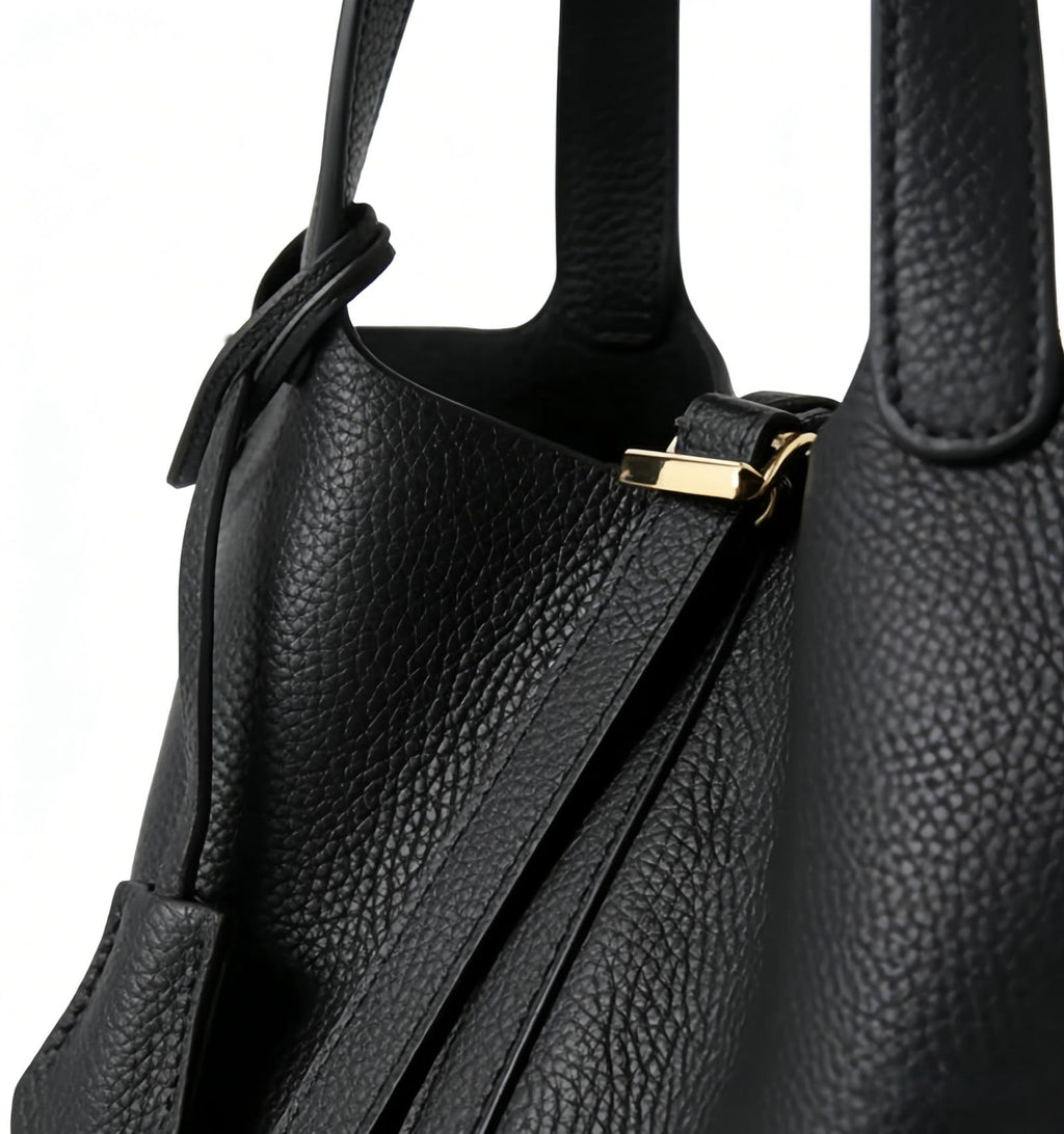Genuine Leather Bucket Bag for Women: Lock Design Shoulder Handbag Versatile Top-Handle Tote Fashionable Vegetable Basket