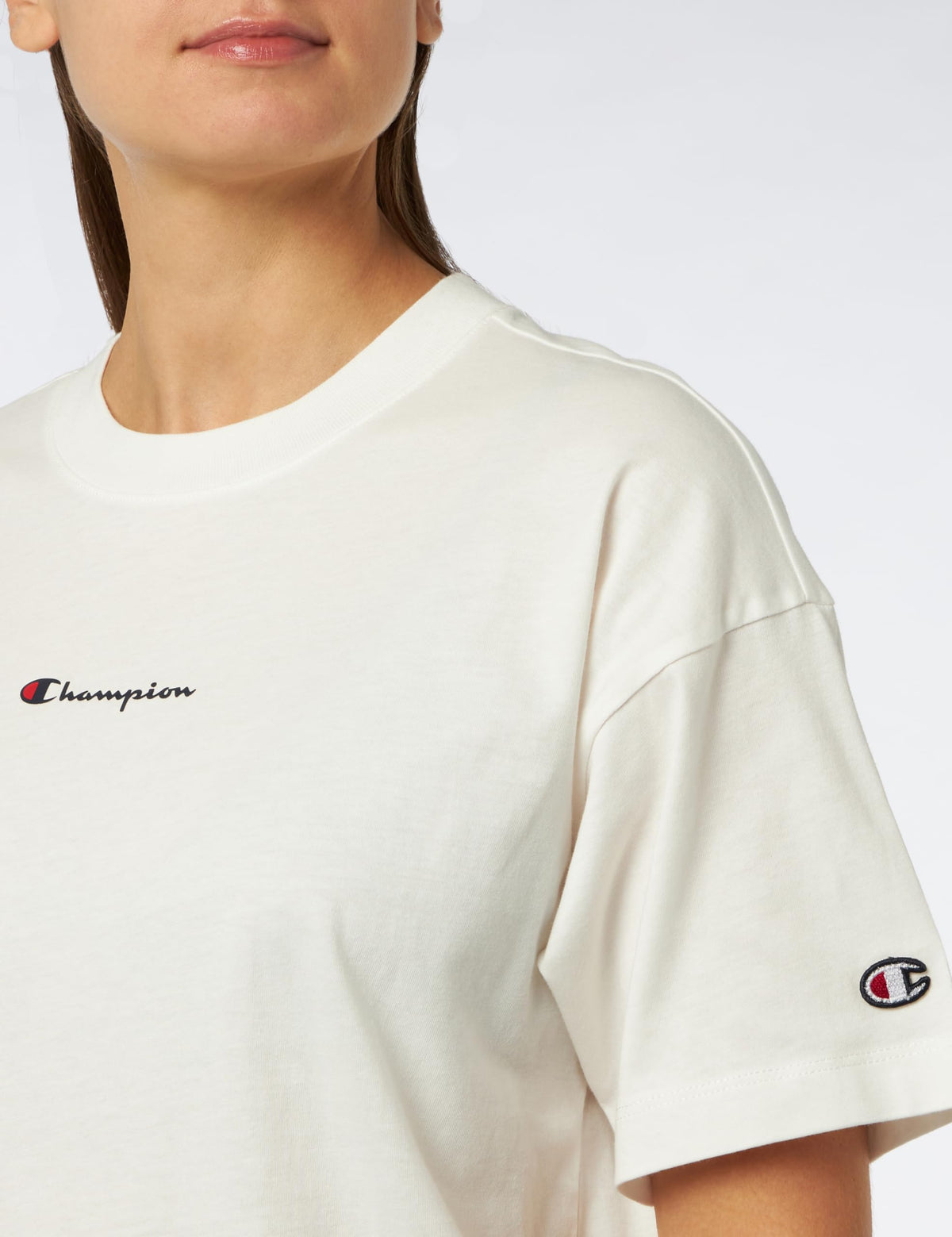 Champion Legacy American Classics W-Script Logo Light Cotton Jersey S-s Boxy Crewneck Women's T-Shirt, Off White, L