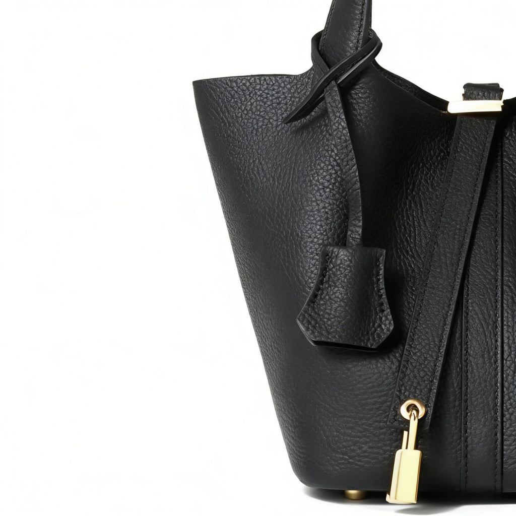 Genuine Leather Bucket Bag for Women: Lock Design Shoulder Handbag Versatile Top-Handle Tote Fashionable Vegetable Basket