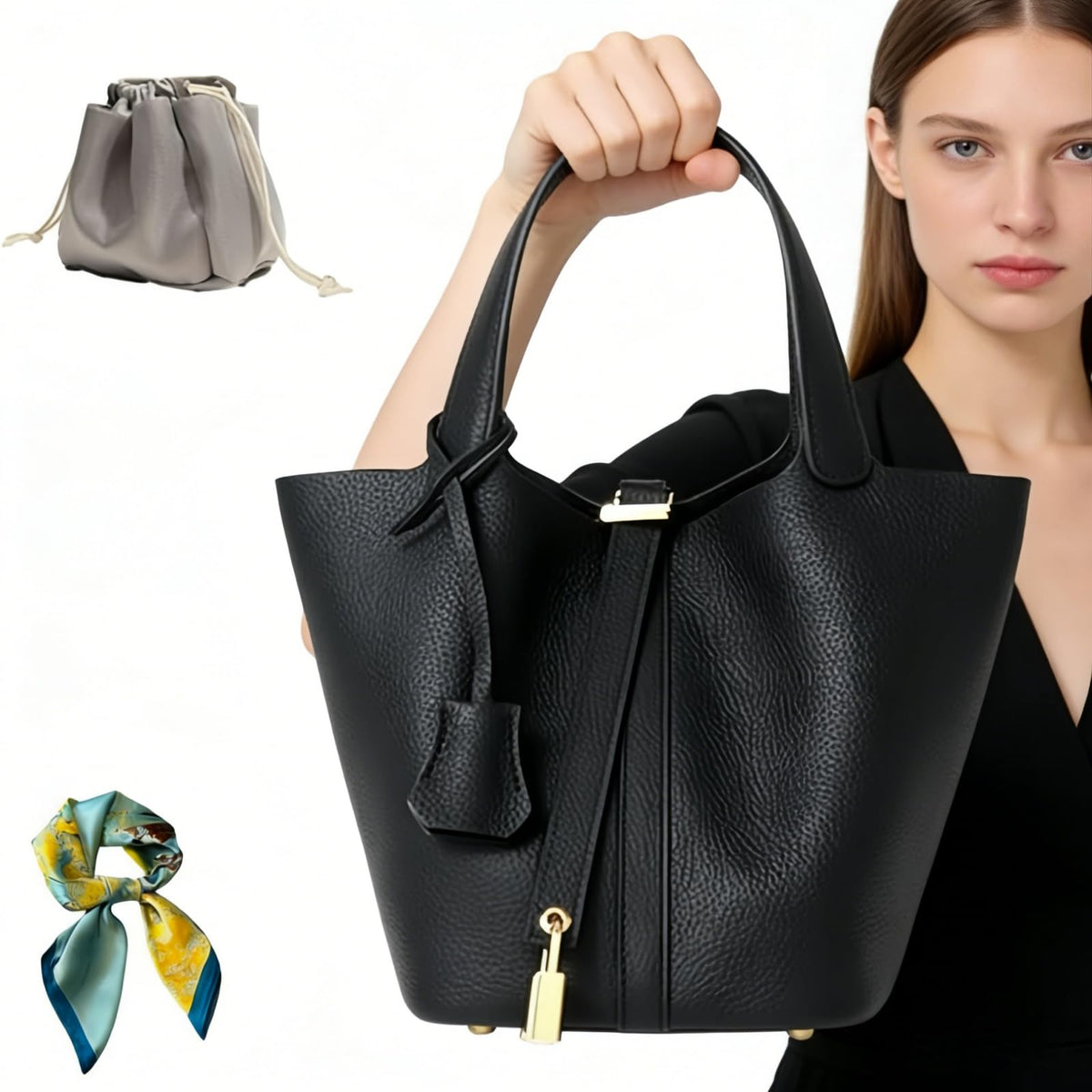Genuine Leather Bucket Bag for Women: Lock Design Shoulder Handbag Versatile Top-Handle Tote Fashionable Vegetable Basket
