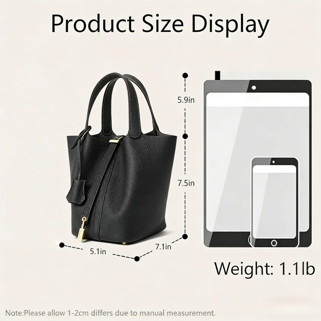 Genuine Leather Bucket Bag for Women: Lock Design Shoulder Handbag Versatile Top-Handle Tote Fashionable Vegetable Basket