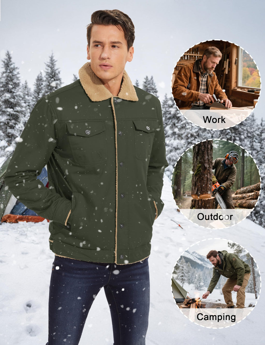 CRYSULLY Men's Winter Cotton Jacket Sherpa Lined Thickened Trucker Coat