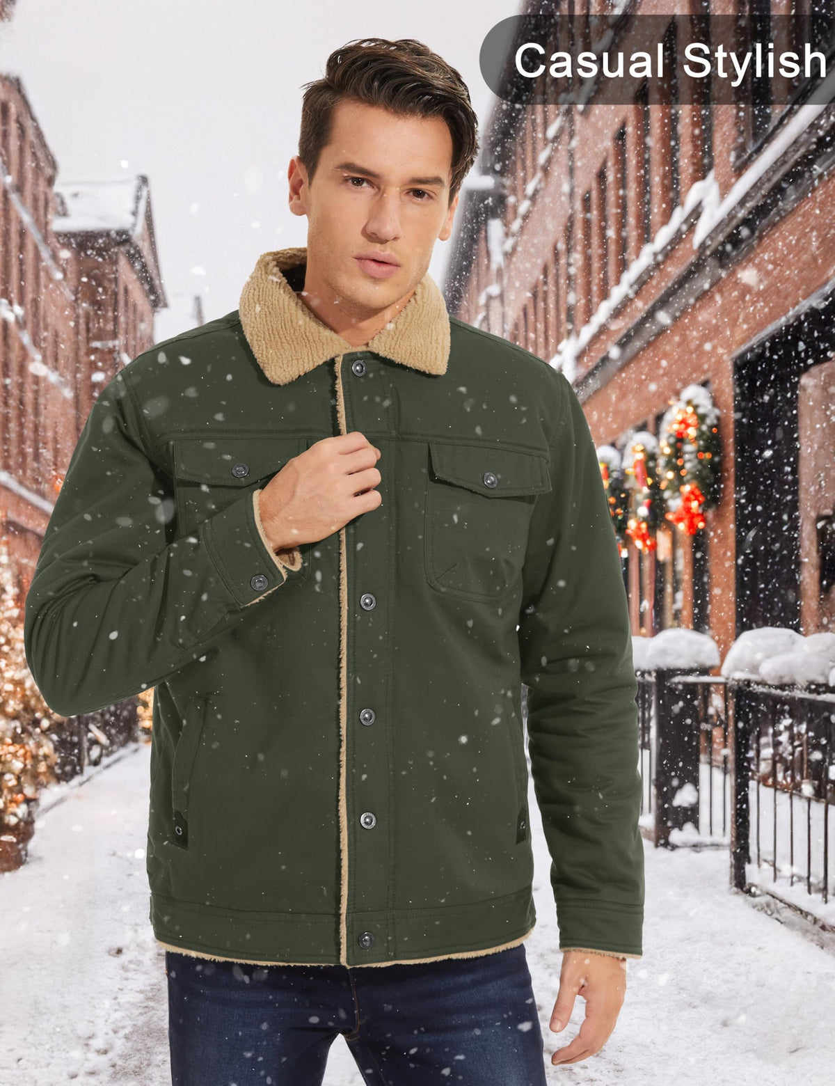 CRYSULLY Men's Winter Cotton Jacket Sherpa Lined Thickened Trucker Coat